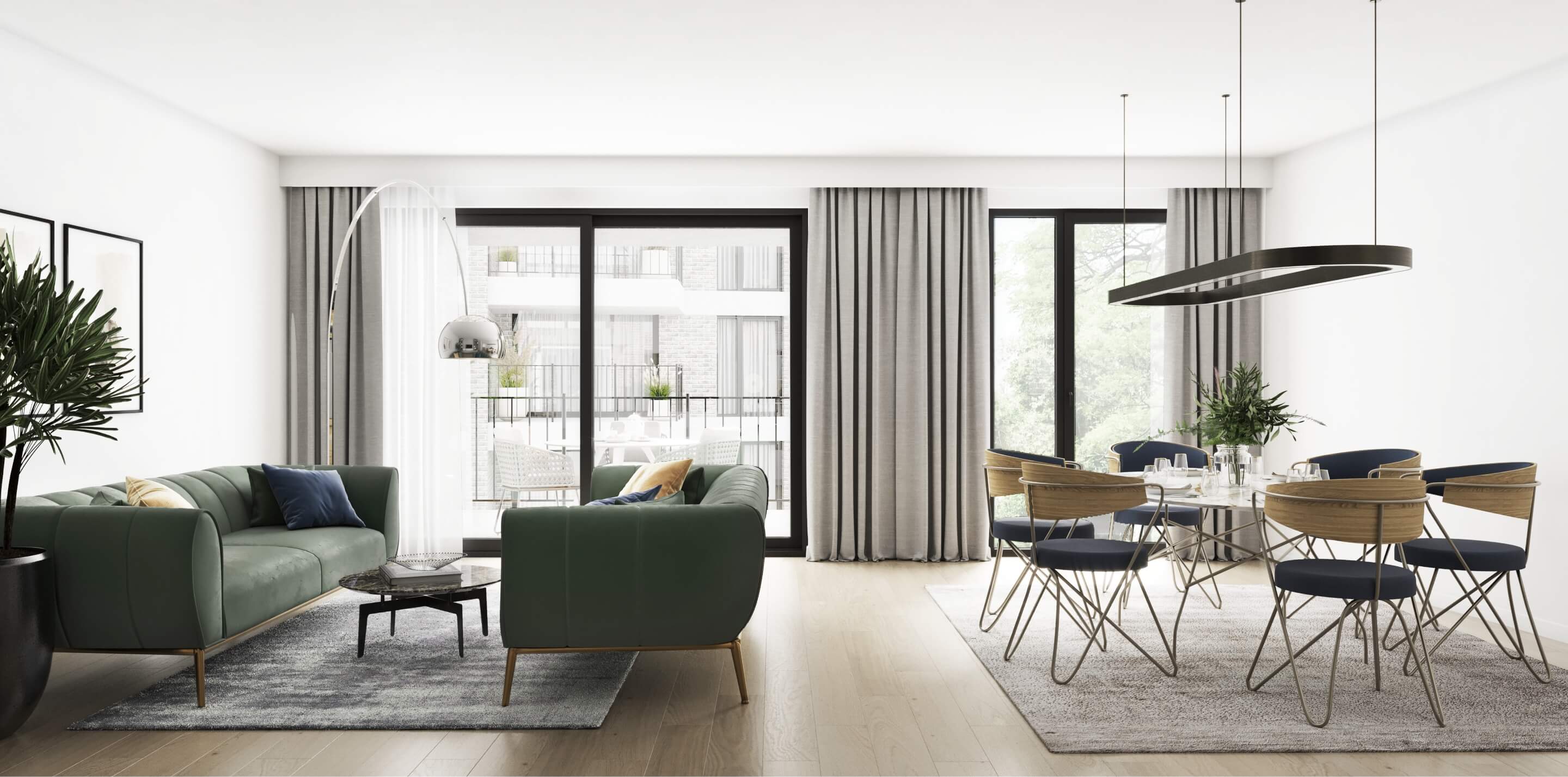 Heller Wohn- und Essbereich einer Park Suites Wohnung mit Eichholzparkett und bodentiefen Fenstern